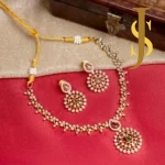 Antique Gold CZ Daisy Floral Choker & Earrings Set with Pink & Green Stone