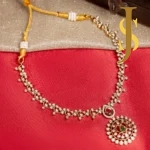 Antique Gold CZ Daisy Floral Choker Set with Pink & Green Stone