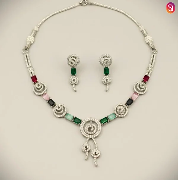 Elegant Silver-Tone Necklace Set with Multi-Colored Gemstones on line