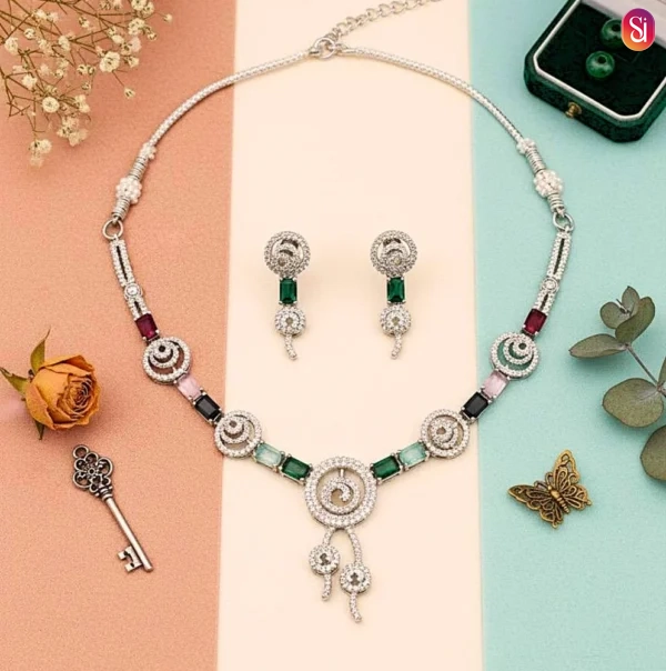 Elegant Silver-Tone Necklace Set with Multi-Colored Gemstones