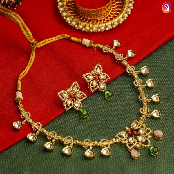 Royal Kundan Floral Necklace Set with Green and Ruby Accents - Green