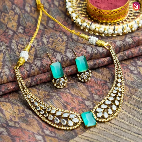Royal Kundan Crystal Necklace Set with Mint Green Accents