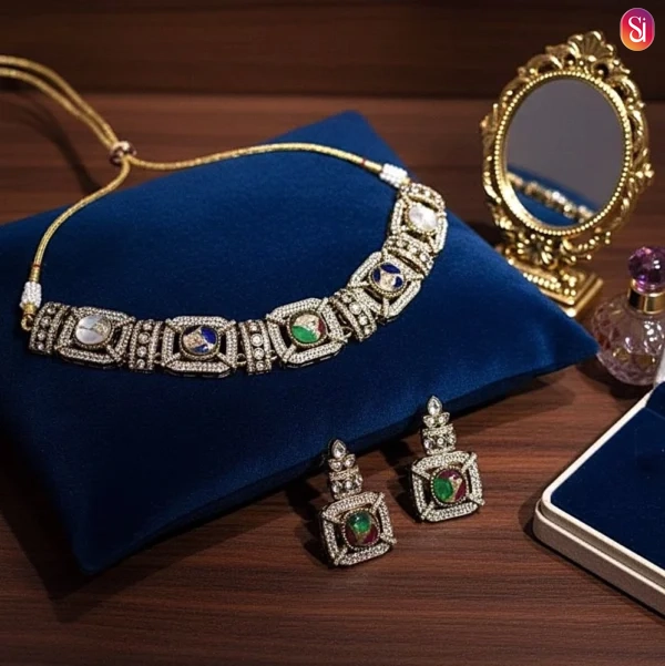 Antique Gold Marble Stone & CZ Ball Choker Necklace Set on line jewellary