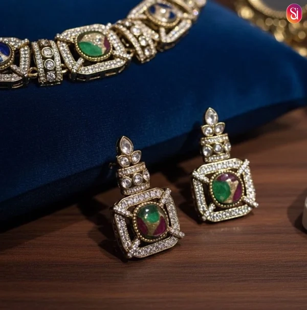 Antique Gold Marble Stone & CZ Ball Choker Necklace Set