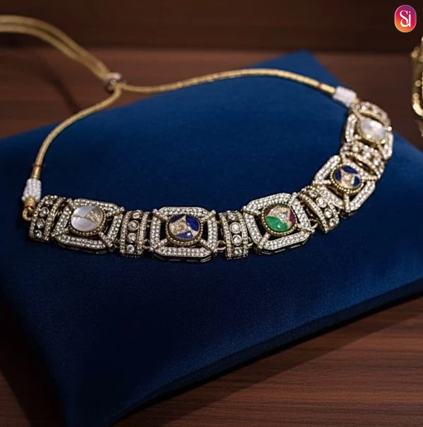 Antique Gold Marble Stone & CZ Ball Choker Necklace Set