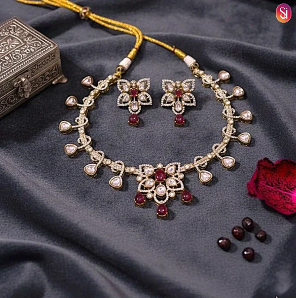 Royal Kundan Floral Necklace Set with Green and Ruby Accents - Red