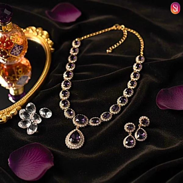 Royal Amethyst & Gold CZ Crystal Necklace Set on line jewellery