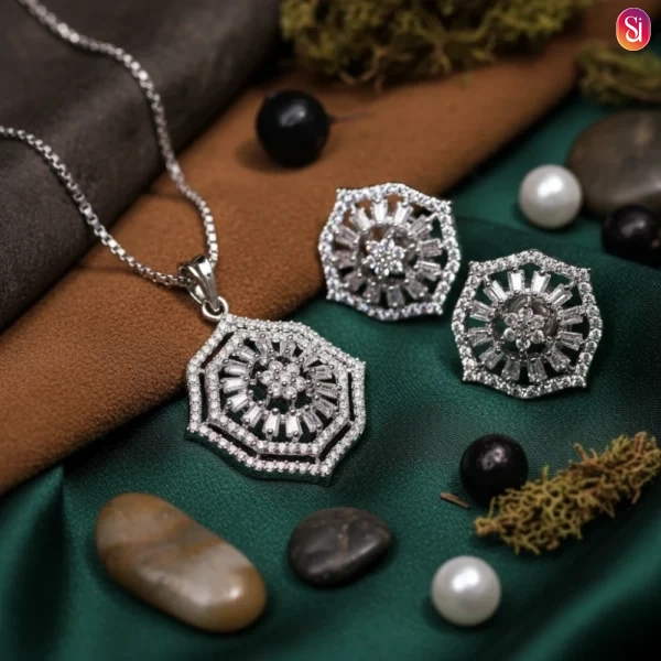 Sanaadhya Rhodium Plated American Diamond Flower Pendant Set with Chain and Earrings