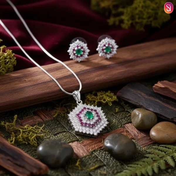 Sanaadhya Rhodium Plated American Diamond Pendant Set with Chain and Earrings