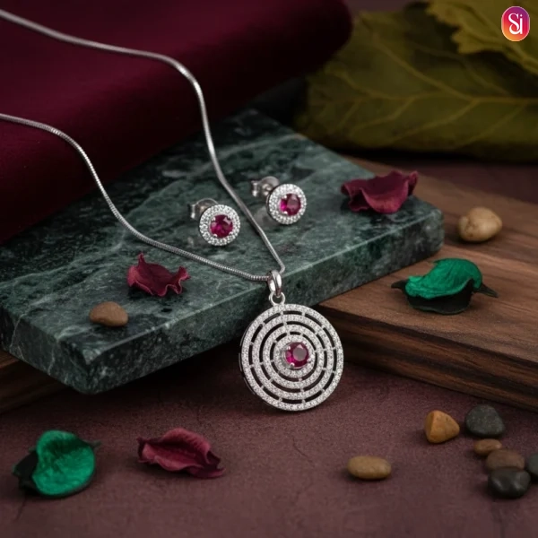 Sanaadhya Rhodium Plated Round American Diamond Pendant Set with Chain and Earrings