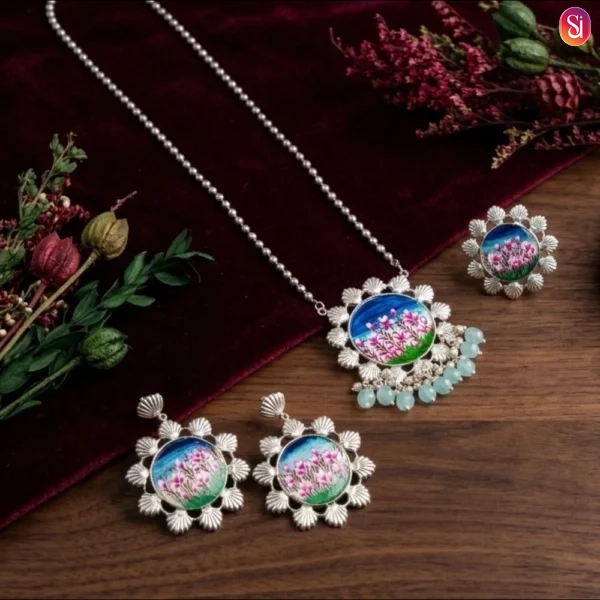 Sanaadhya Pichwai Handpainted Silver Replica Combo of Neckpiece ,Earring and Ring