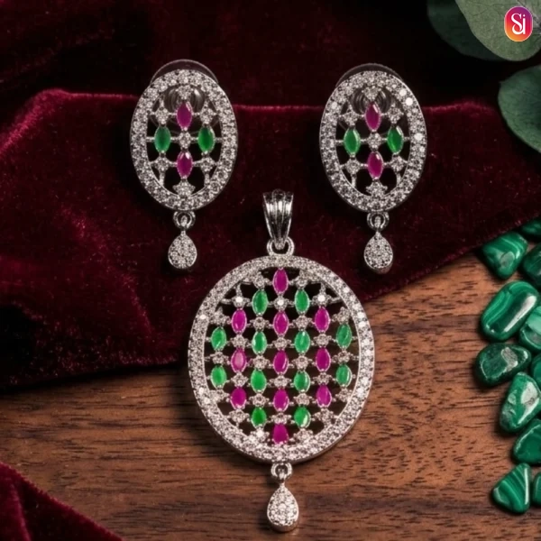 Sanaadhya Rhodium Plated Pineapple American Diamond Multi Pendant Set