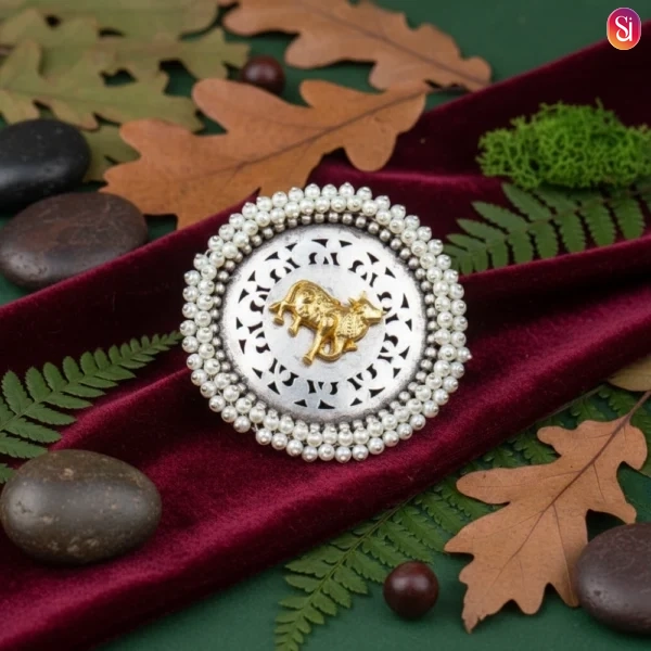 Sanaadhya Silver Replica Big Nandi Ring with Beads