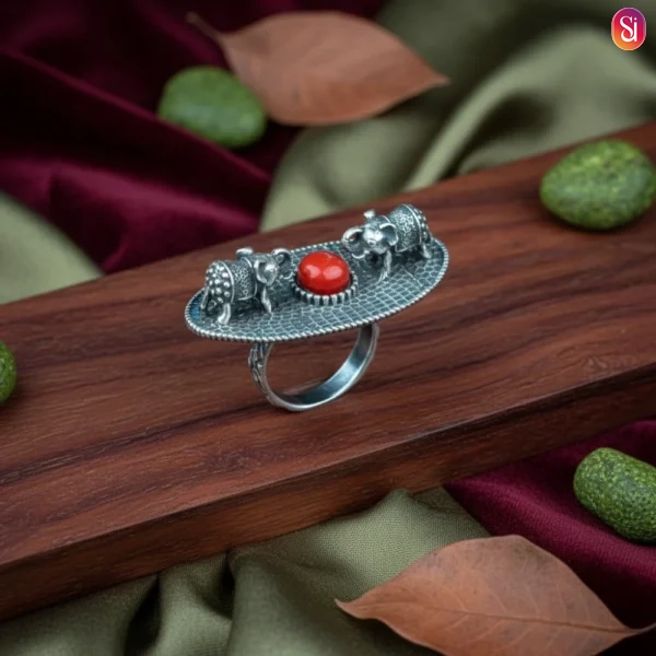 Sanaadhya Silver Replica Elephant Ring With Monalisa Stone