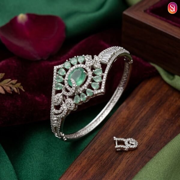 Sanaadhya Rhodium Plated American Diamond Statement Openable Crystal Mint Bracelet