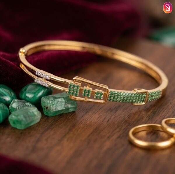 Sanaadhya Gold Plated American Diamond Sleek Openable Statement Bracelet Green