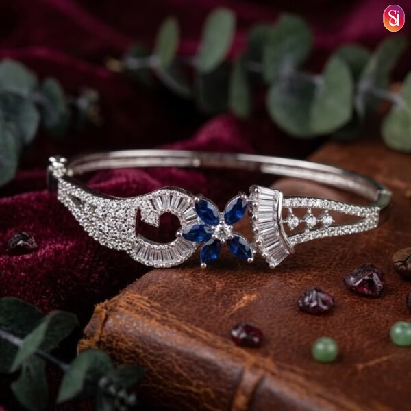 Sanaadhya Rhodium Plated American Diamond Openable Flower Band Bracelet