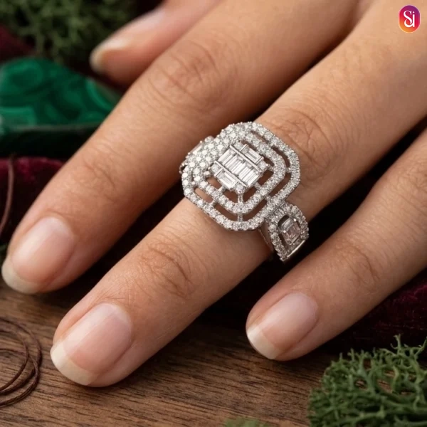 Sanaadhya American Diamond Square Bold Baguette Ring