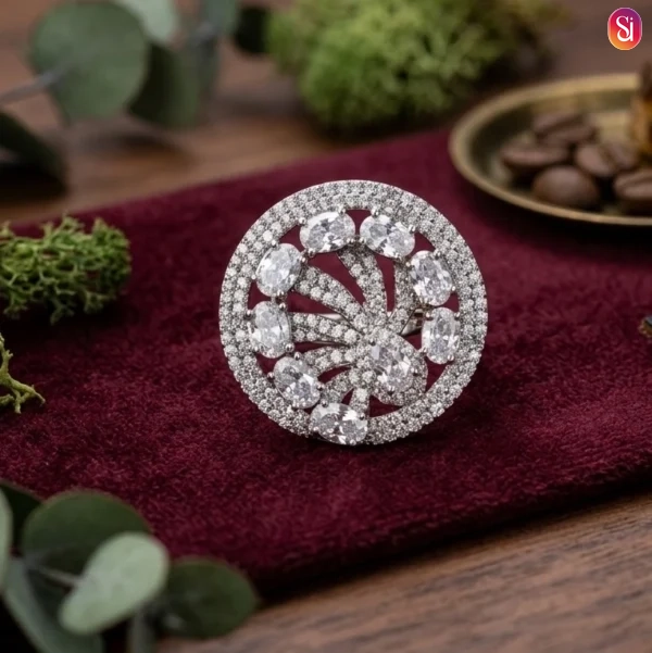 Sanaadhya Rhodium Plated American Diamond Statement Radiant Ring