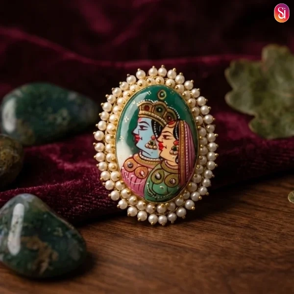 Sanaadhya Big Bold Stone Tanjore Handpainted Rajwadi Ring With Beads